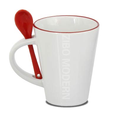 Colored Rim Ceramic Coffee Mug With Ceramic Spoon - CG 2029