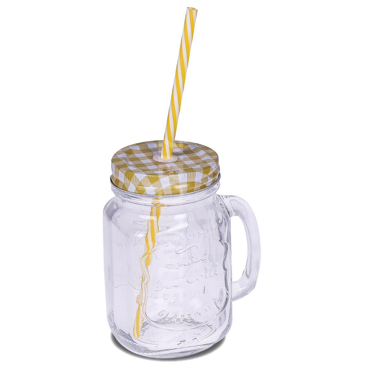 16 OZ Old Fashioned Embossed Glass Mason Jar Mugs With Handle And Straw - GB1234