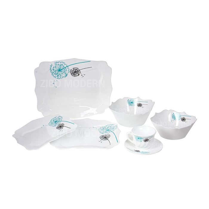 White Glass Family Dishware Set of 7 with Soup Bowl x2 Plate x3 Coffee Mug with Saucer x1