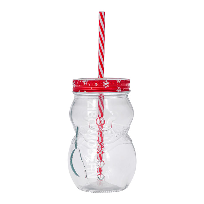 16 Oz Snowman Shaped Glass Mason Jar Mugs With Plastic Straw and Tin Lid - Without Handle