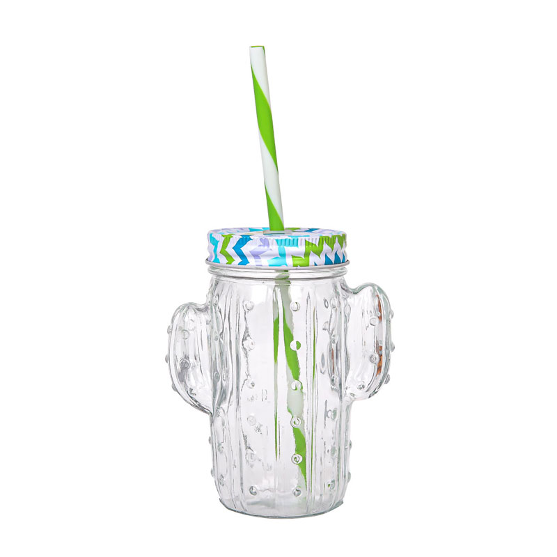 14 Ounce Clear Glass Cactus Mason Jar Mugs With Reuse-able Straw And Metal Lid - Cold Beverage Drinking Glasses