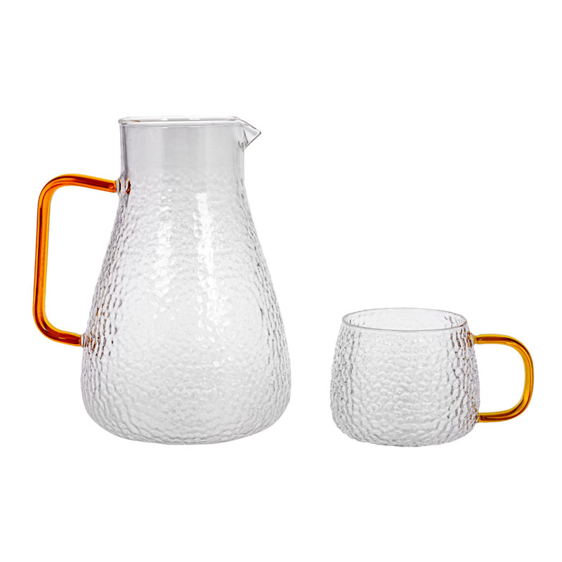 Hand Blown High Borosilicate Glass Harmmered Water Pitcher Set - 12 Oz Cup & 0.5 Gallon Pticher- Drinking Glasses