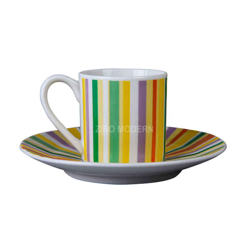 4 Oz Rainbow Striped Multicolor Ceramic Stoneware Coffee / Tea Cup With Saucer