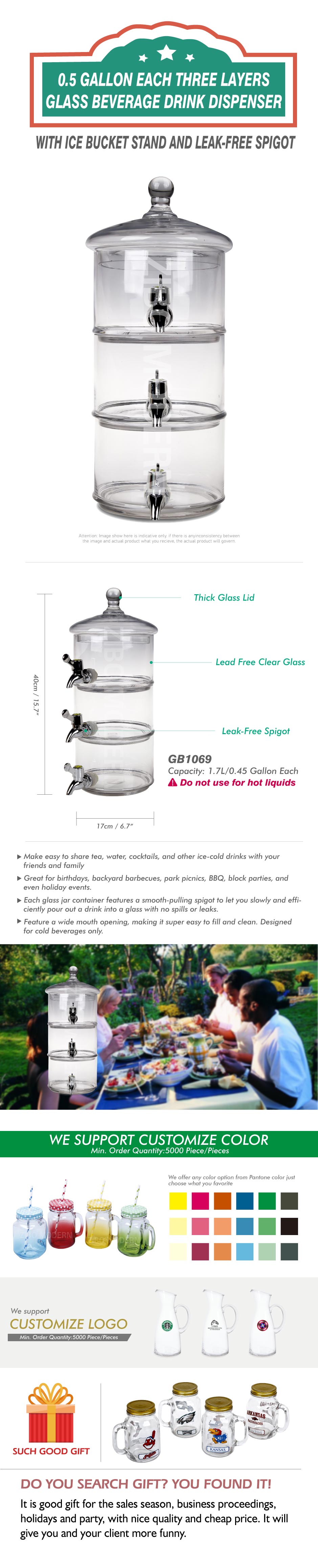 0.5 Gallon Each Three Layers Glass Beverage Drink Dispenser With Ice Bucket Stand And Leak-Free Spigot