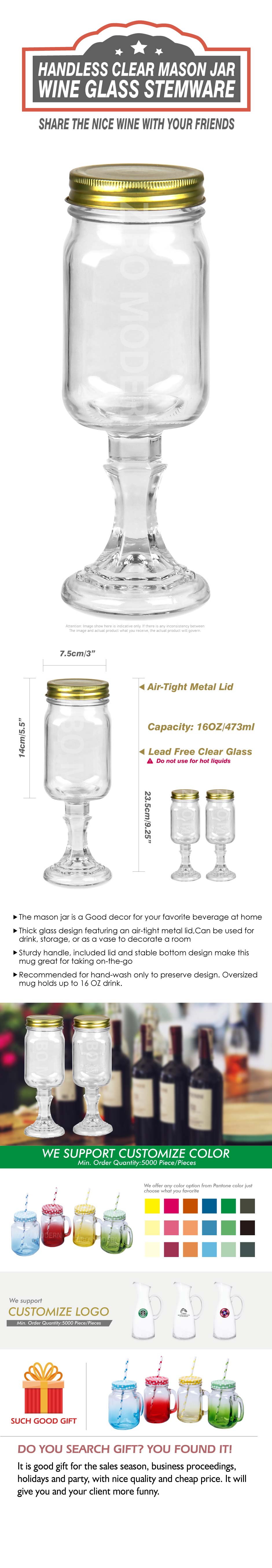 Handless Clear Mason Jar Wine Glass Stemware