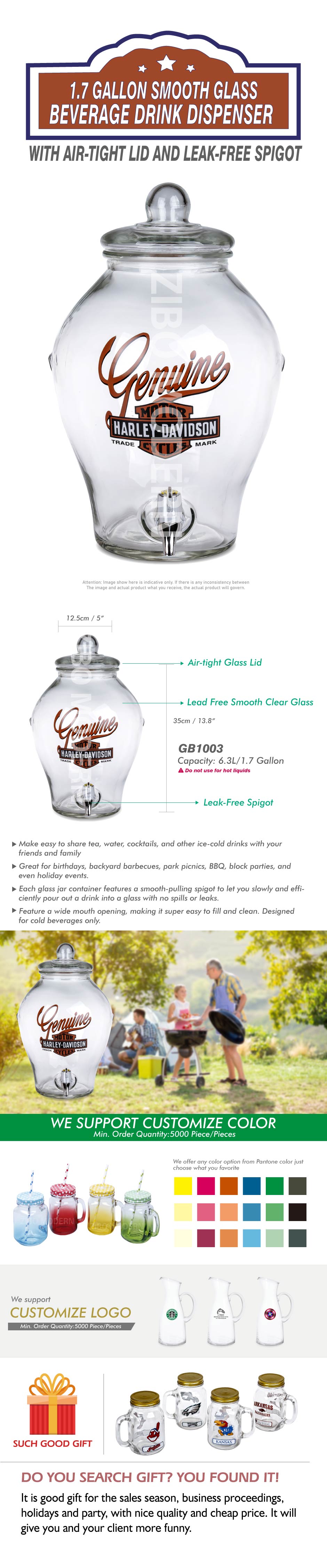 1.7 Gallon Smooth Glass Beverage Drink Dispenser 