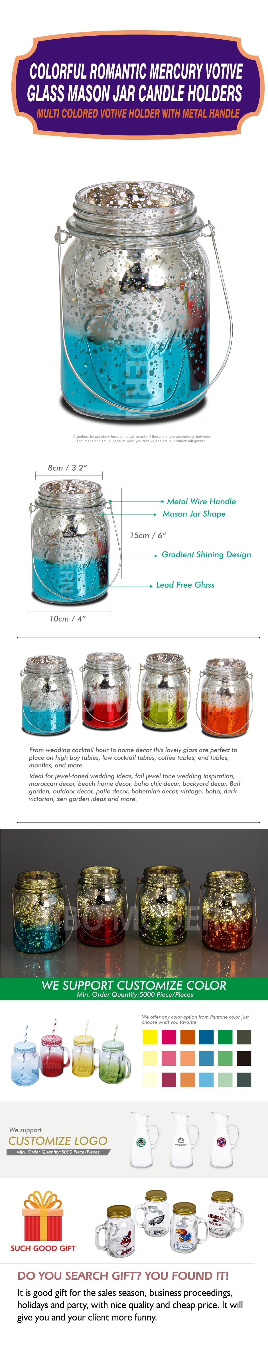 Colorful Romantic Mercury Votive Glass Mason Jar Candle Holders 