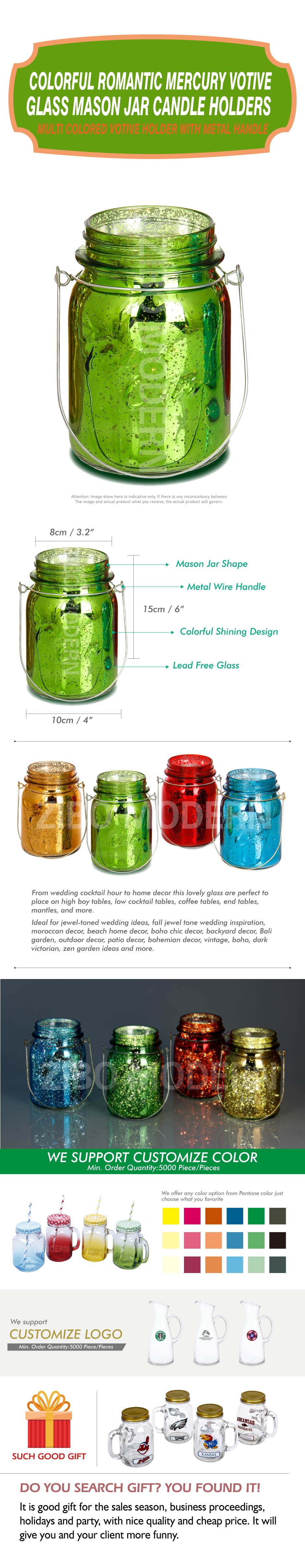 Colorful Romantic Mercury Votive Glass Mason Jar Candle Holders 