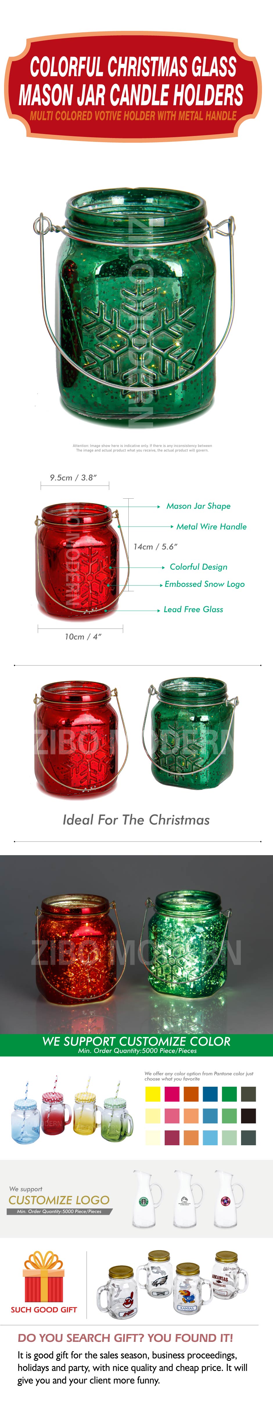 Colorful Christmas Glass Mason Jar Candle Holders 