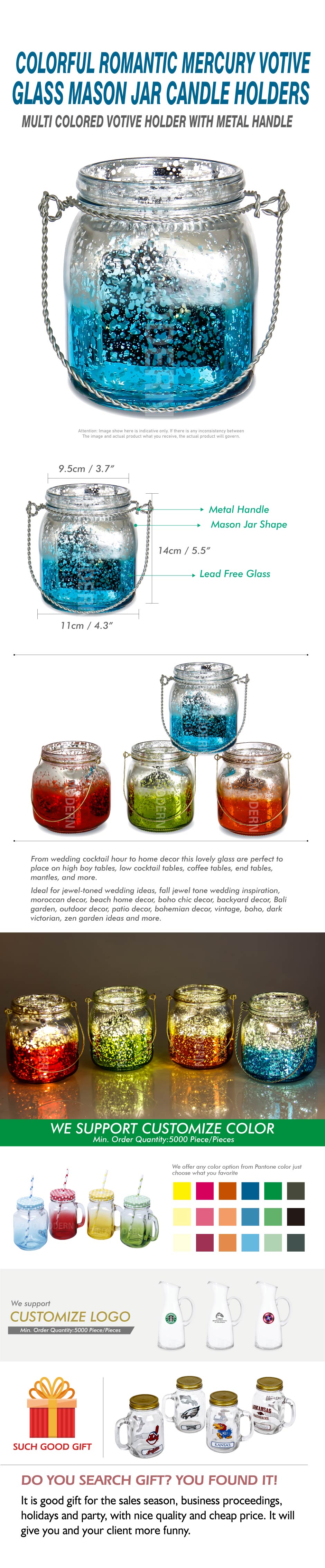 Colorful Romantic Mercury Votive Glass Mason Jar Candle Holders 