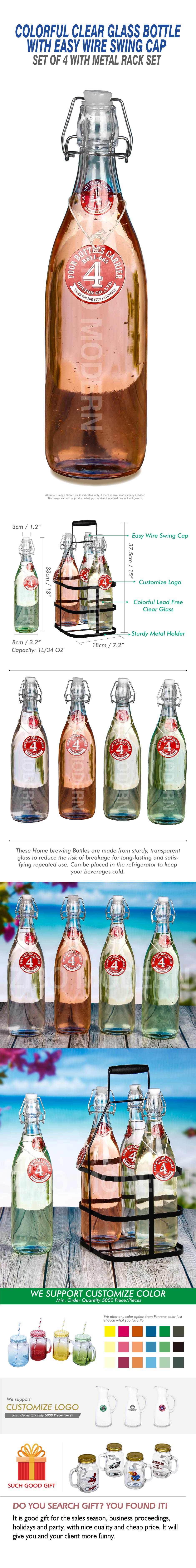 Colorful Clear Glass Bottle With Easy Wire Swing Cap 