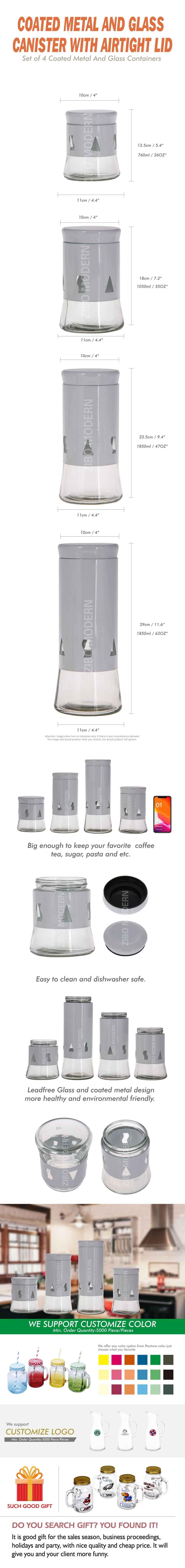 Coated Metal and Glass Canister with Airtight Lid - Set of 4 Coated Metal And Glass Containers