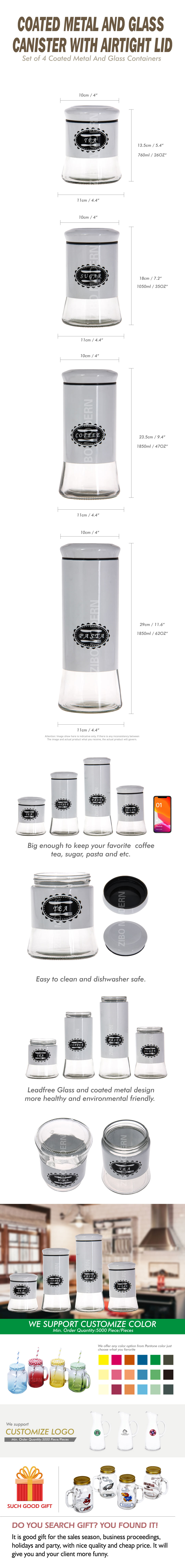 Coated Metal and Glass Canister with Airtight Lid - Set of 4 Coated Metal And Glass Containers