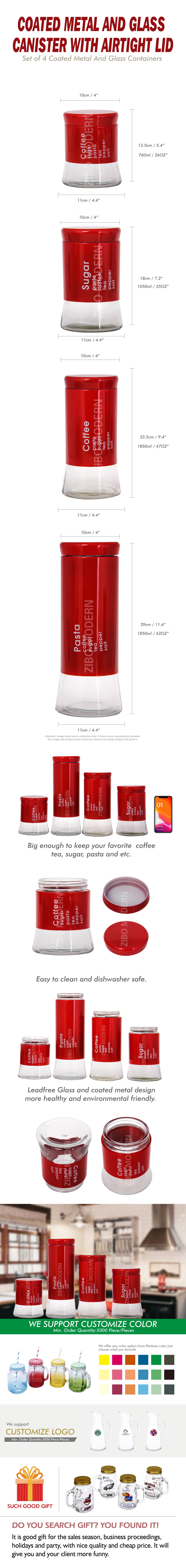 Coated Metal and Glass Canister with Airtight Lid - Set of 4 Coated Metal And Glass Containers